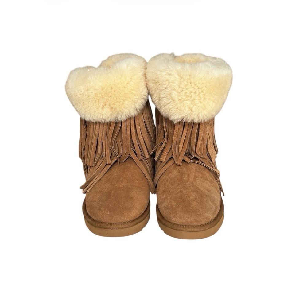KOOLABURRA By UGG Sheepskin Fringe Ankle Boots Chestnut Fur Trim Sz 6 NEW - Picture 2 of 7